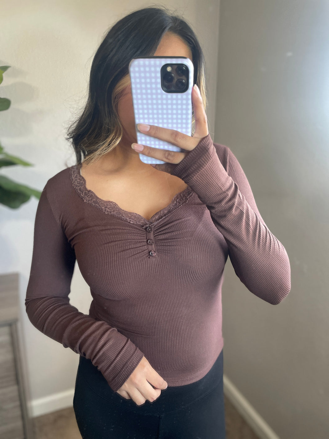 Lace Trim Top - Brown